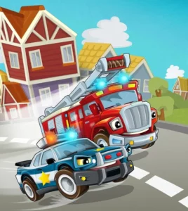 Das Polizeiauto und das Feuerwehrauto